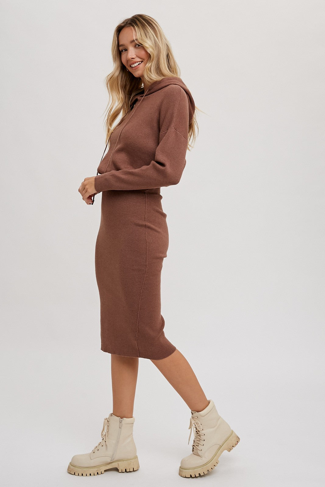 Caylie Casual Sweater Hoodie Dress - Brown