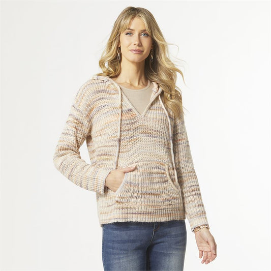 Colorado V-Neck Sweater with Hood - Taupe/Multi