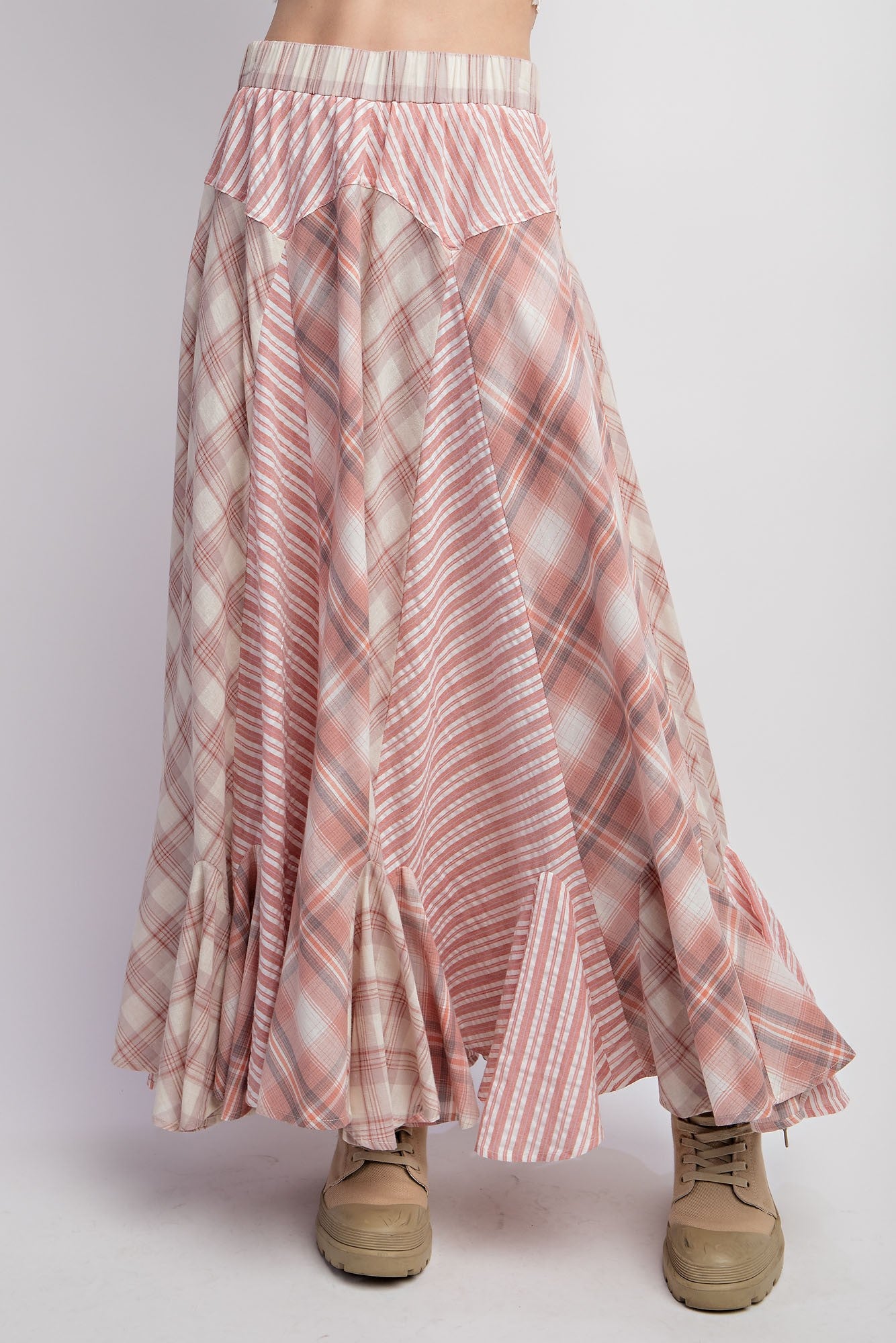 Stripe & Plaid Maxi Skirt - Rose