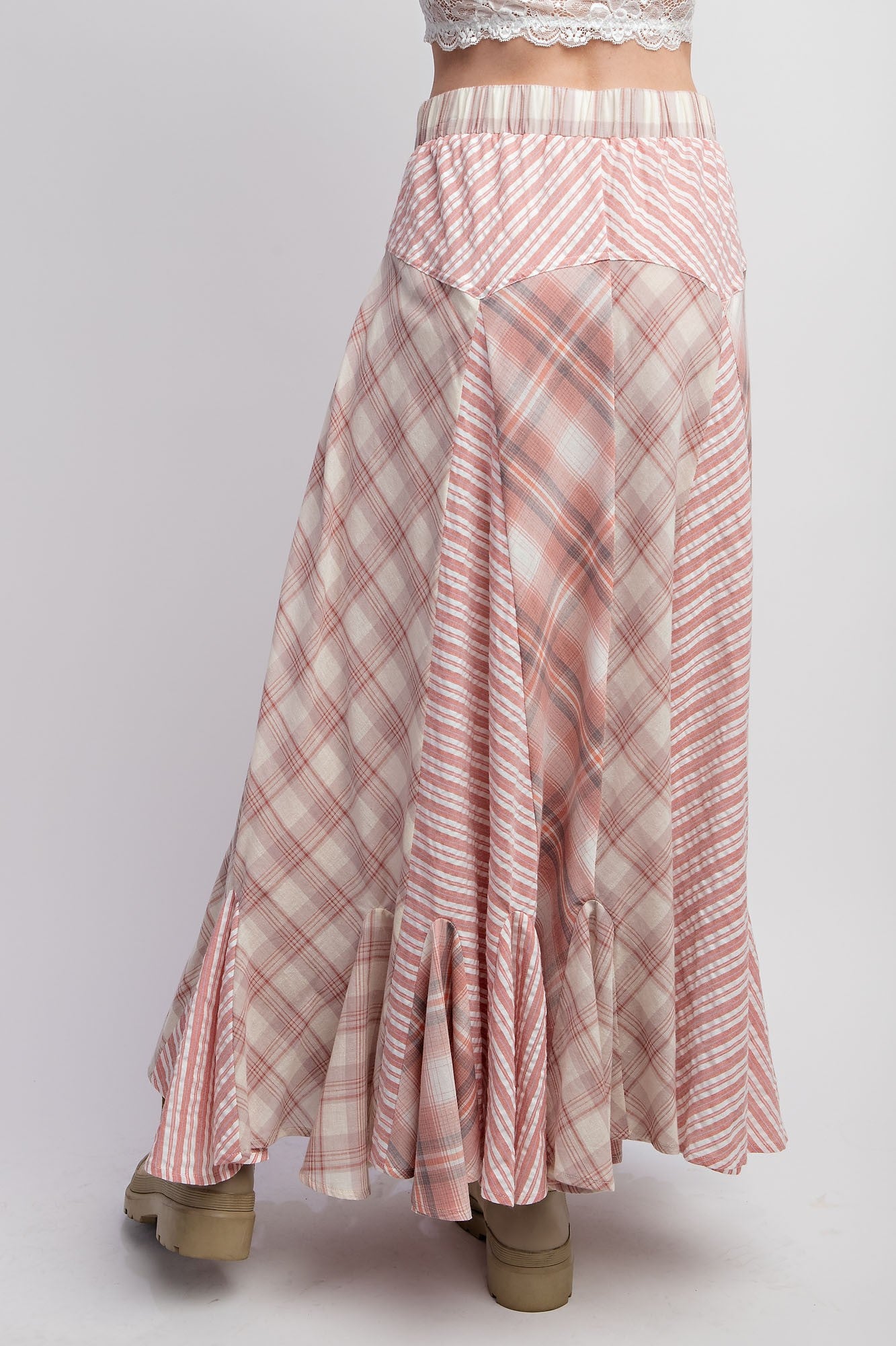 Stripe & Plaid Maxi Skirt - Rose