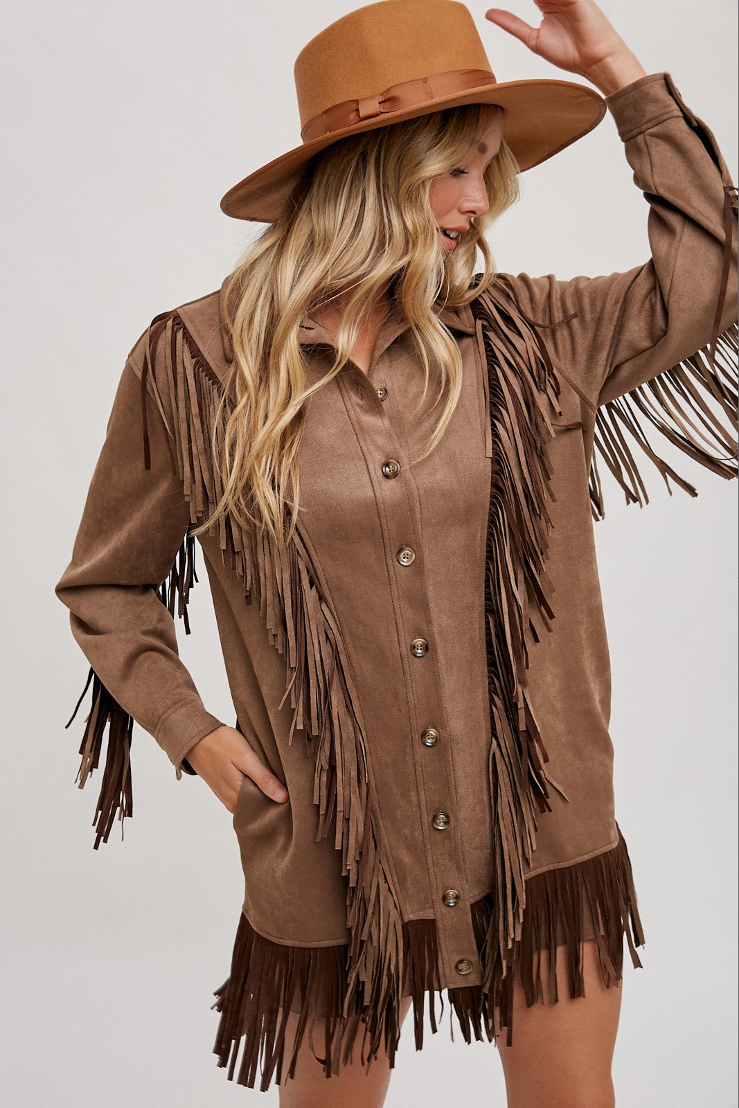 Vegan Suede Fringe Jacket - Light Brown