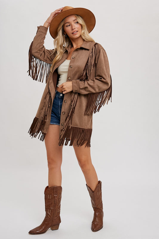 Vegan Suede Fringe Jacket - Light Brown