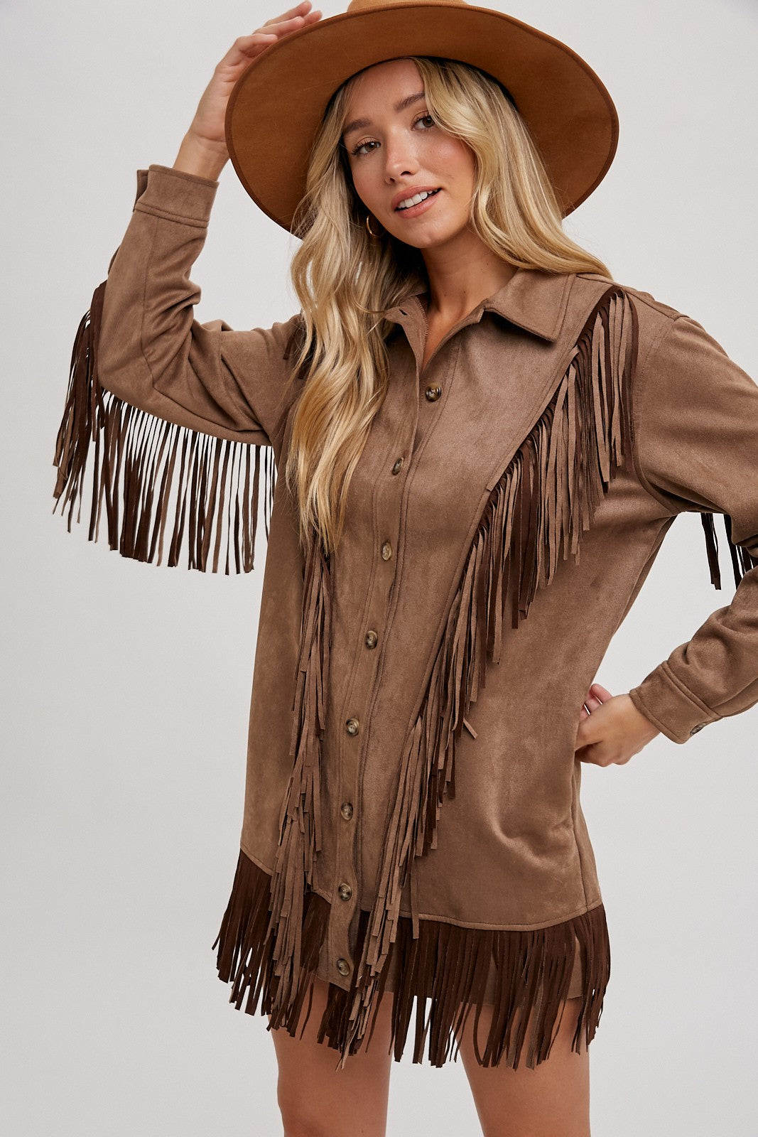 Vegan Suede Fringe Jacket - Light Brown