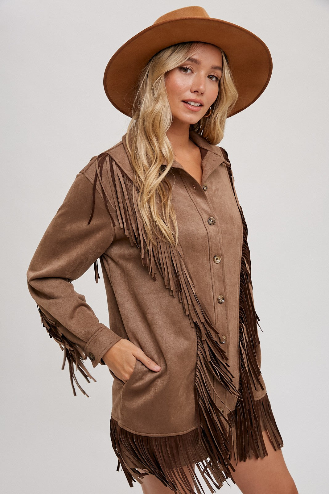 Vegan Suede Fringe Jacket - Light Brown