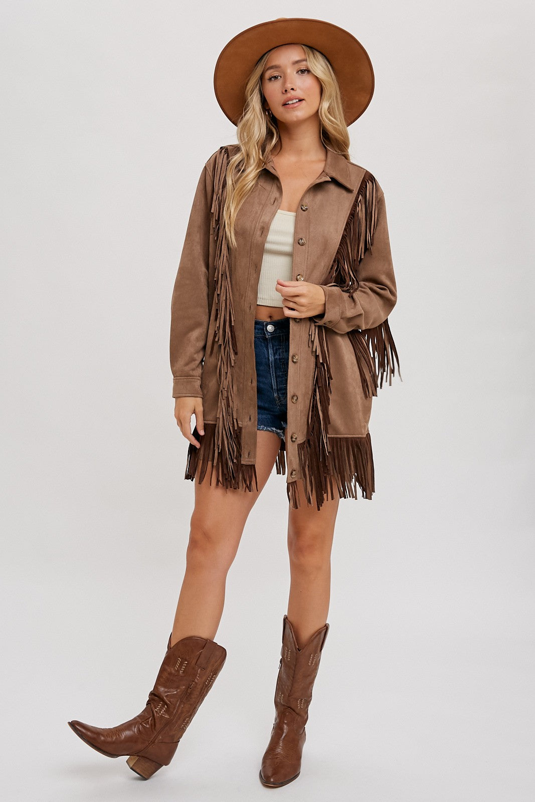 Vegan Suede Fringe Jacket - Light Brown