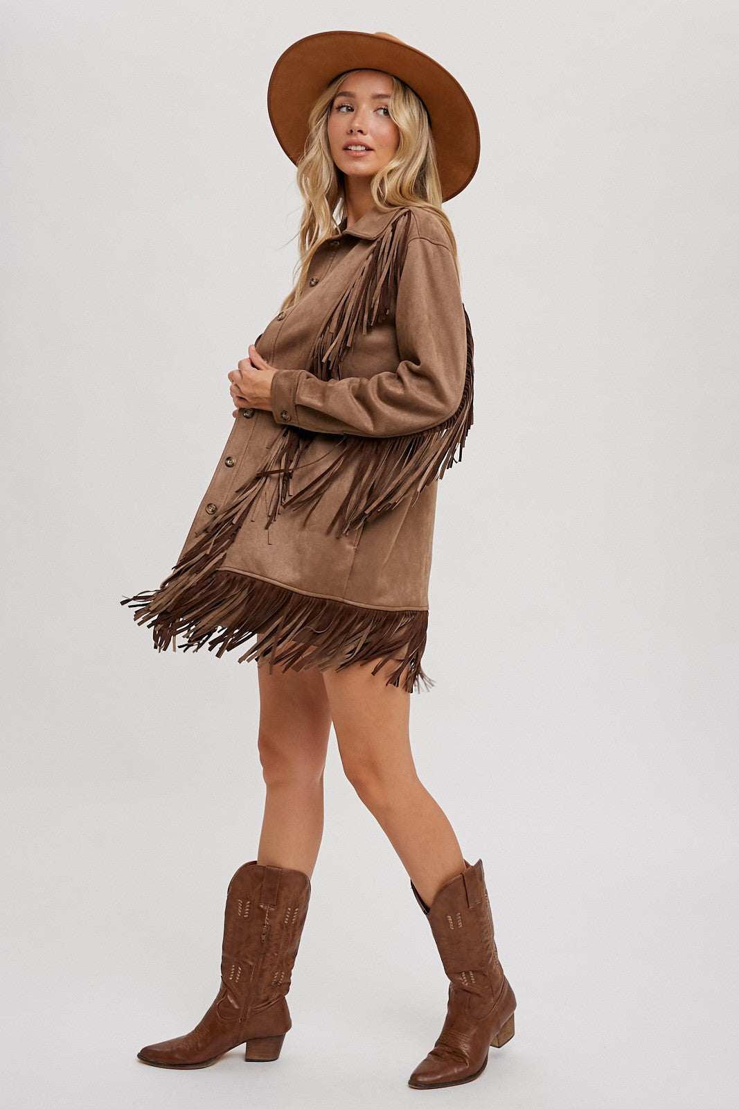 Vegan Suede Fringe Jacket - Light Brown