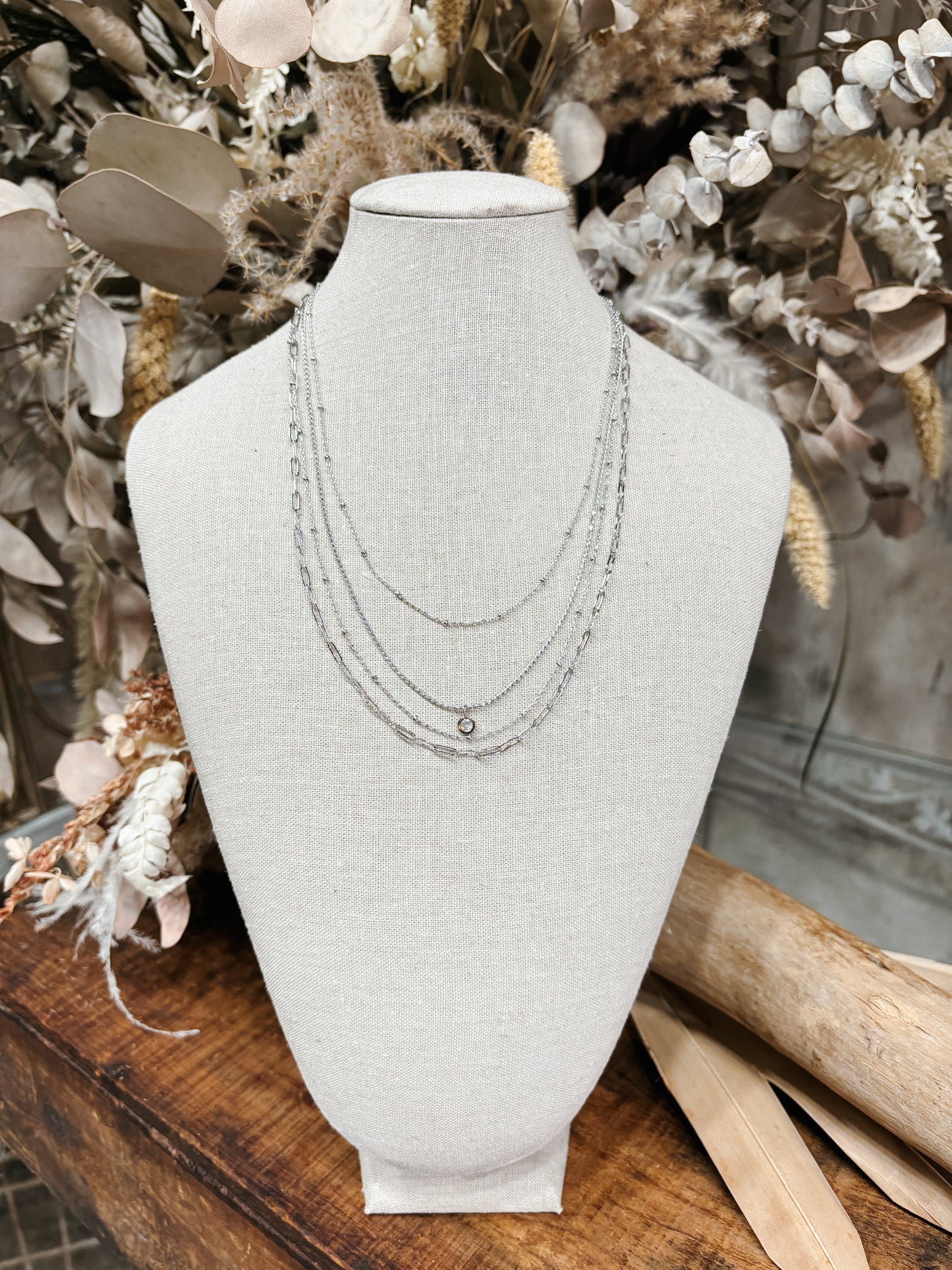 Mixed Chain Layered Necklace W/ CZ Rhinestone