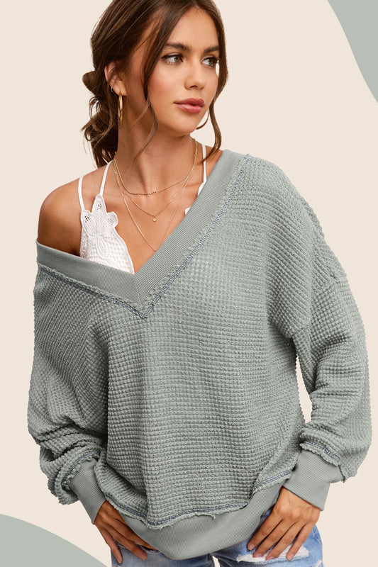 V-Neck Waffle Top - Mocha, Charcoal, Light Blue, Sage, White, Rose