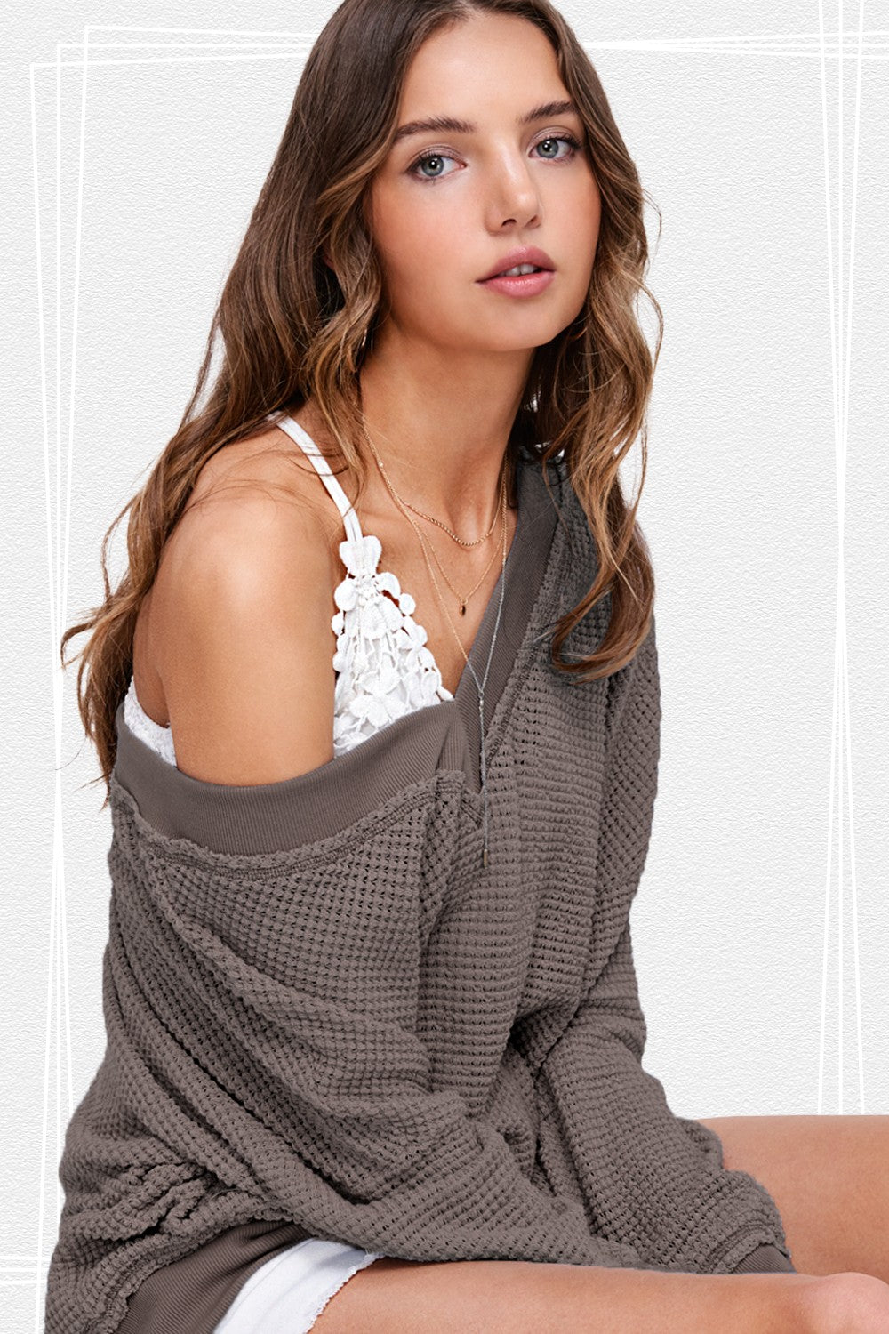 V-Neck Waffle Top - Mocha, Charcoal, Light Blue, Sage, White, Rose