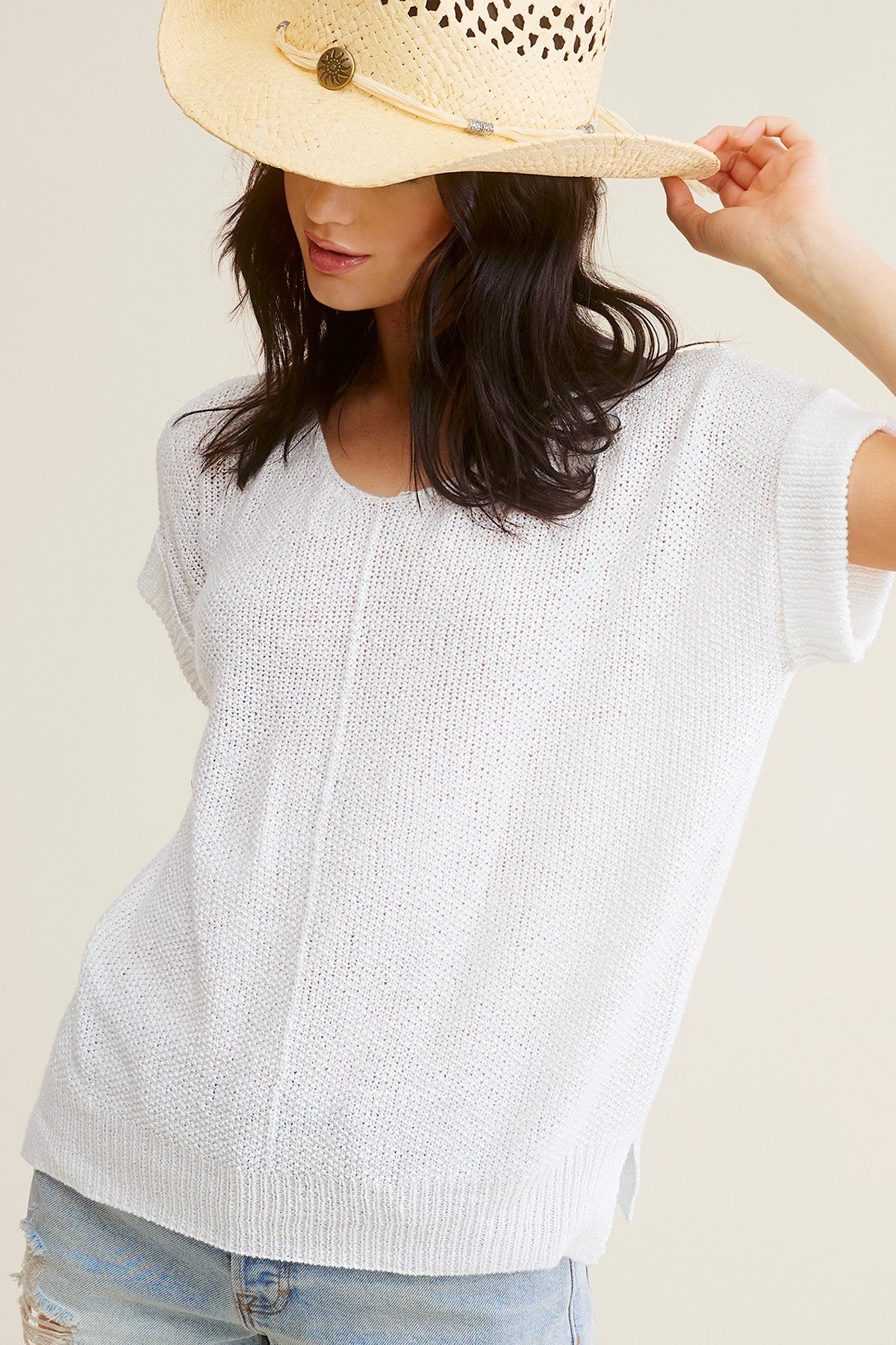 Knit Short Sleeve Top - White, Beige or Fanta