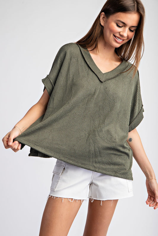 Texture V-Neck Shirt - Off-White or Olive