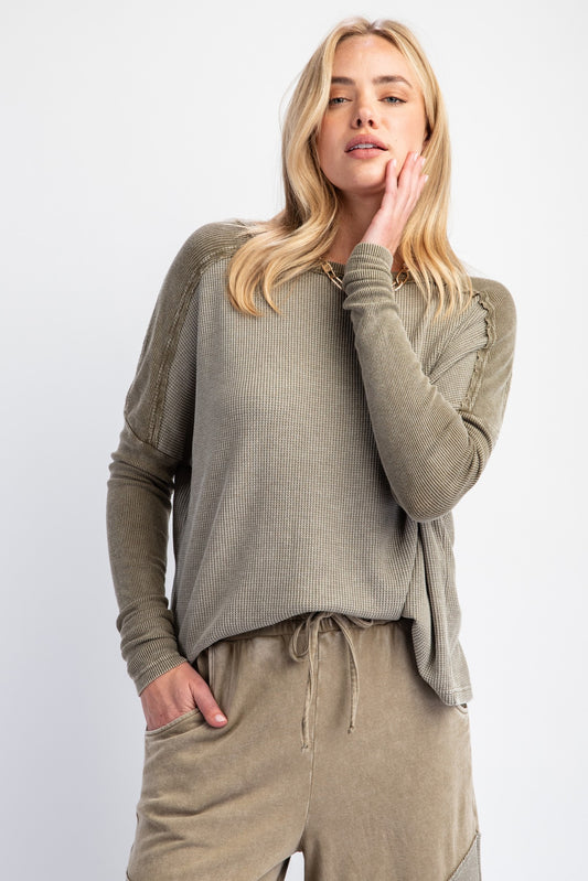 Mineral Washed Thermal Knit Top - Faded Olive