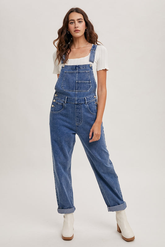 Patched Pocket Denim Overalls