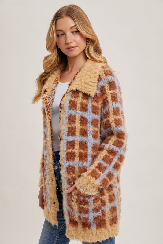 Button Down Cozy Plaid Cardigan Jacket - Mocha or Peach