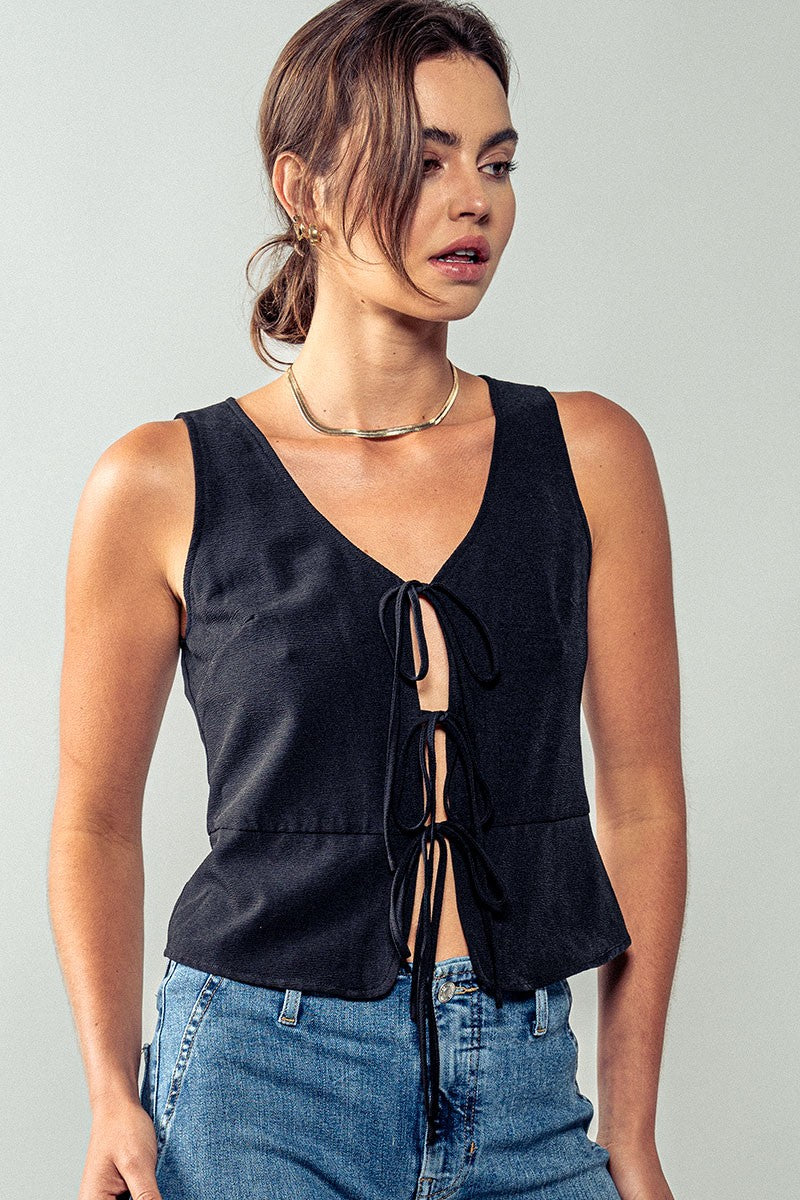 Cascade Tie Front Vest Top - Black