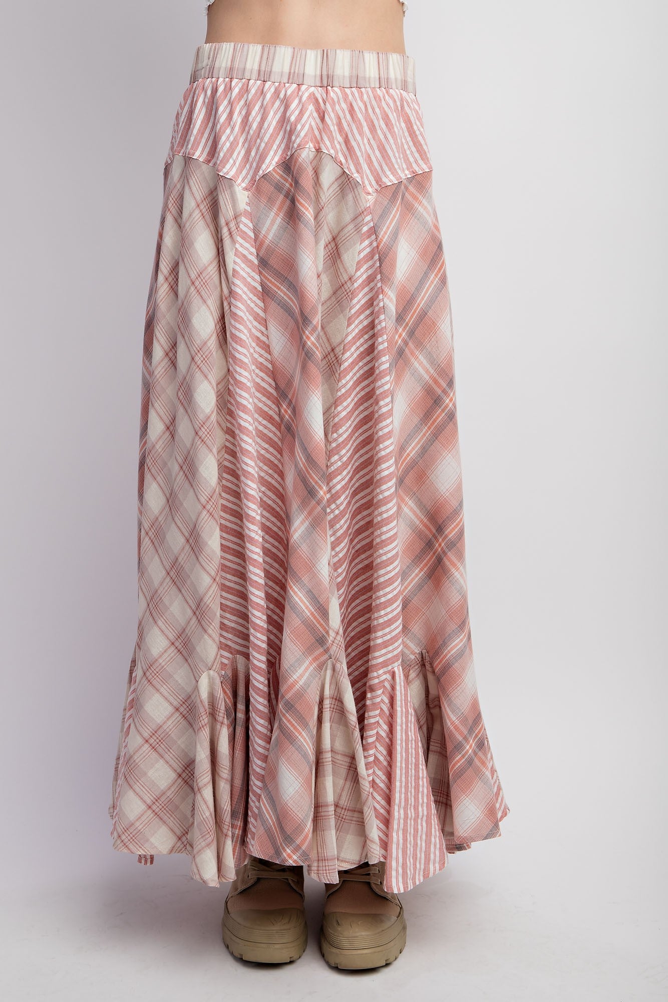 Stripe & Plaid Maxi Skirt - Rose