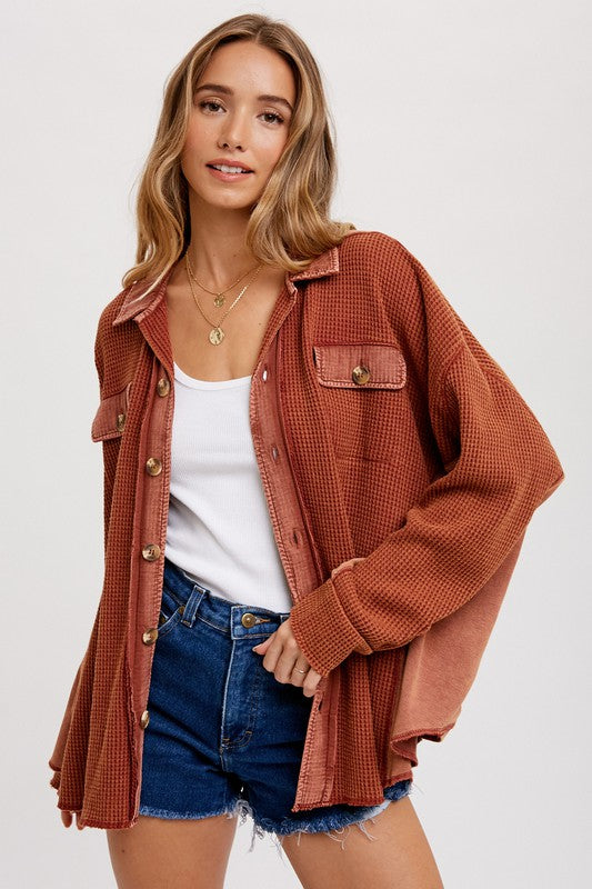 Slouchy Waffle Knit Jacket - Cream, Rust, Tawny