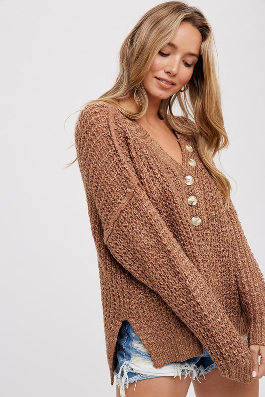 Henley Sweater Top - Mocha