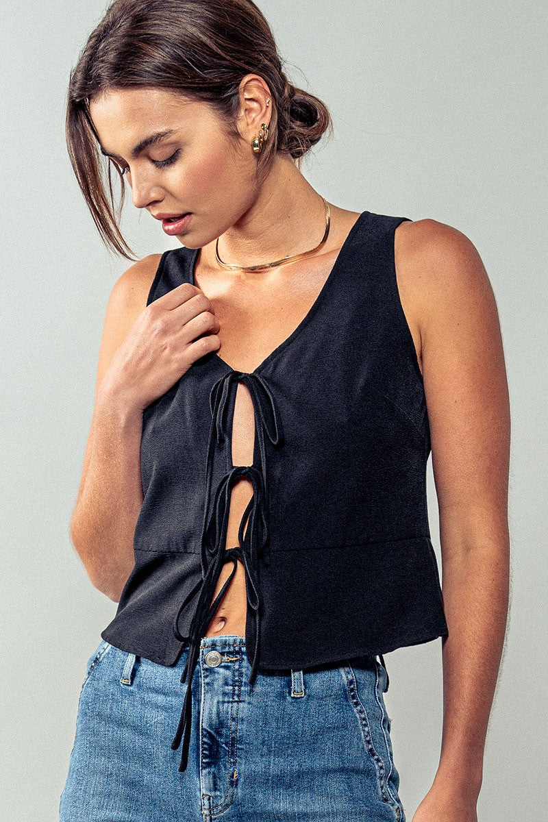 Cascade Tie Front Vest Top - Black