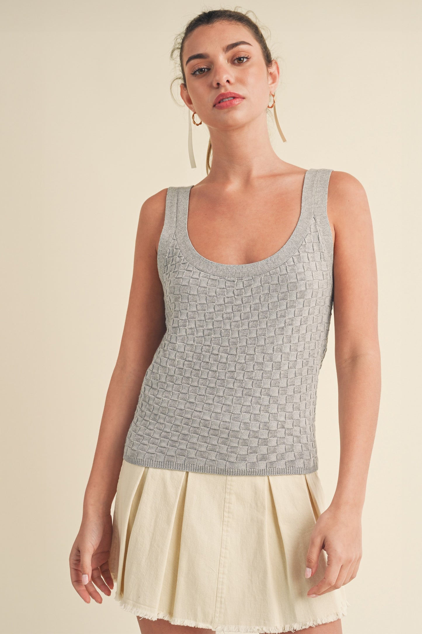 Woven Checkered Top - Gray or Pearl