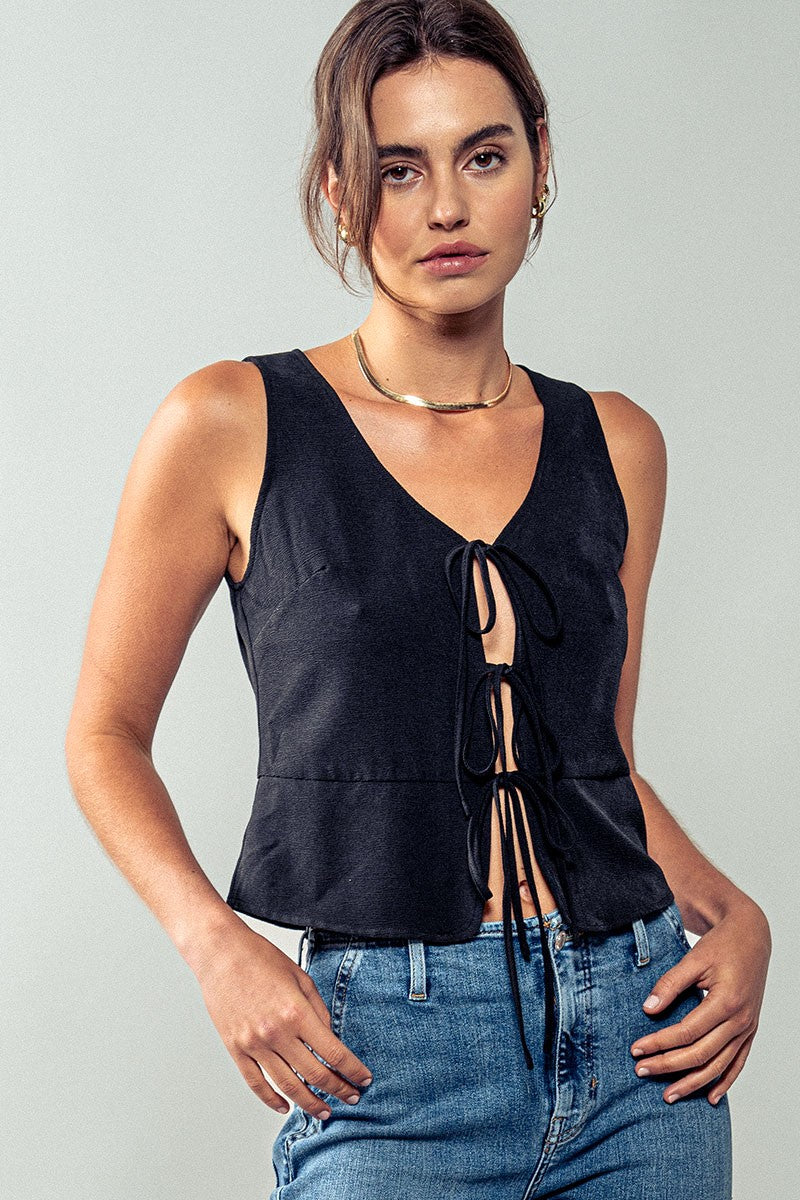 Cascade Tie Front Vest Top - Black