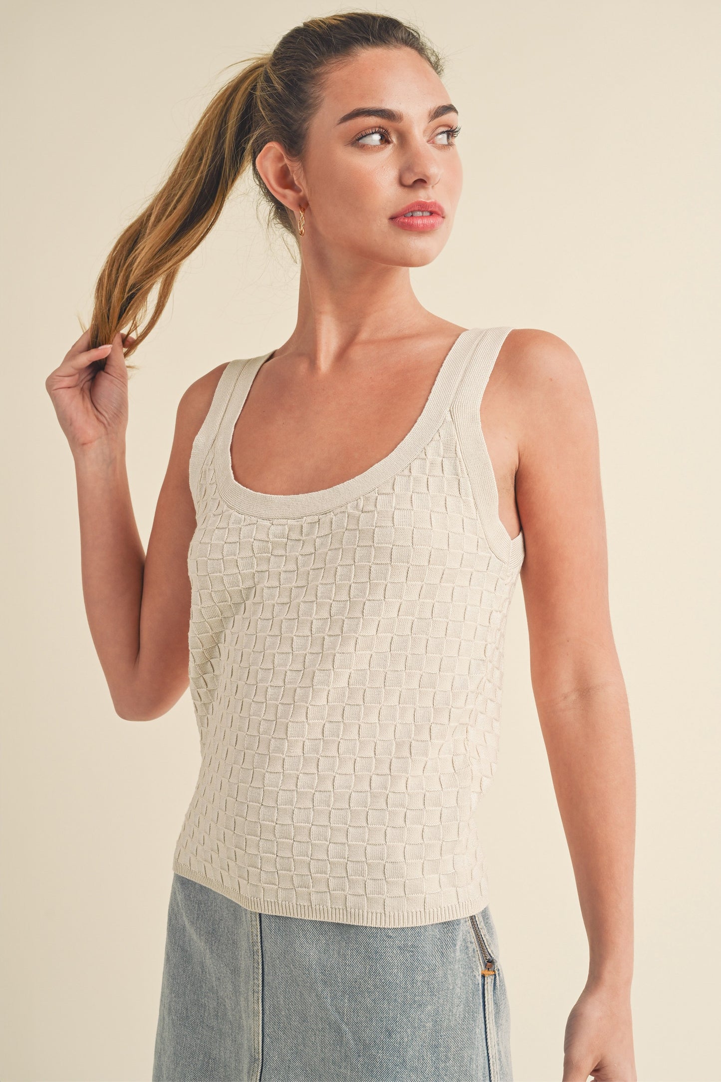 Woven Checkered Top - Gray or Pearl