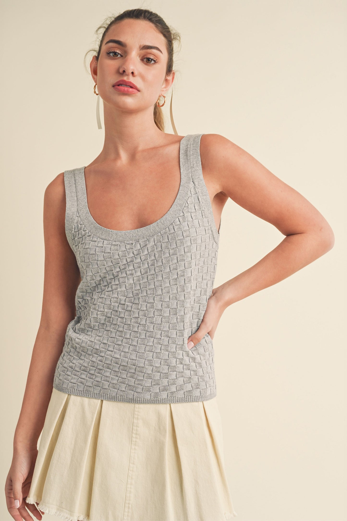 Woven Checkered Top - Gray or Pearl