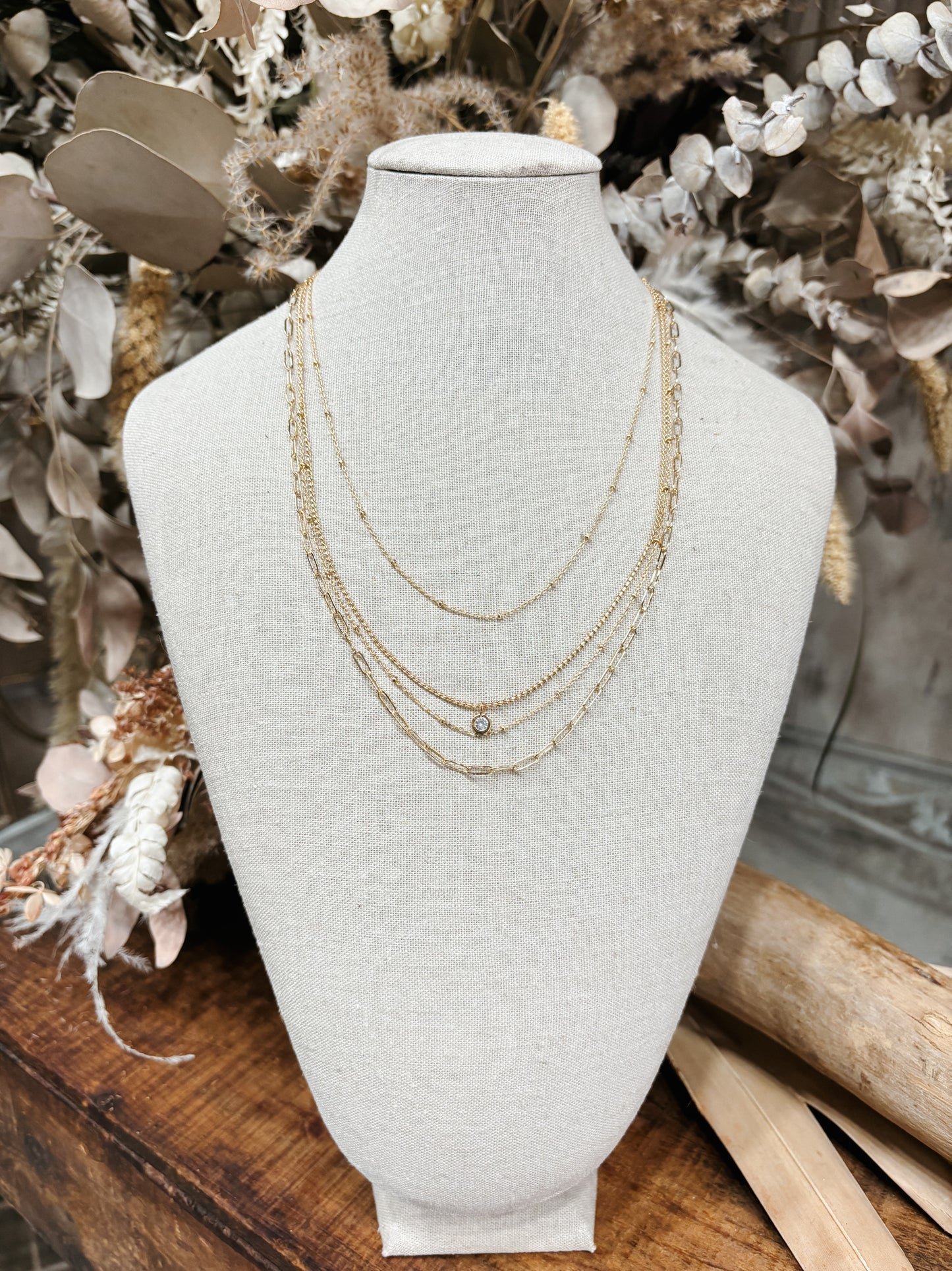 Mixed Chain Layered Necklace W/ CZ Rhinestone