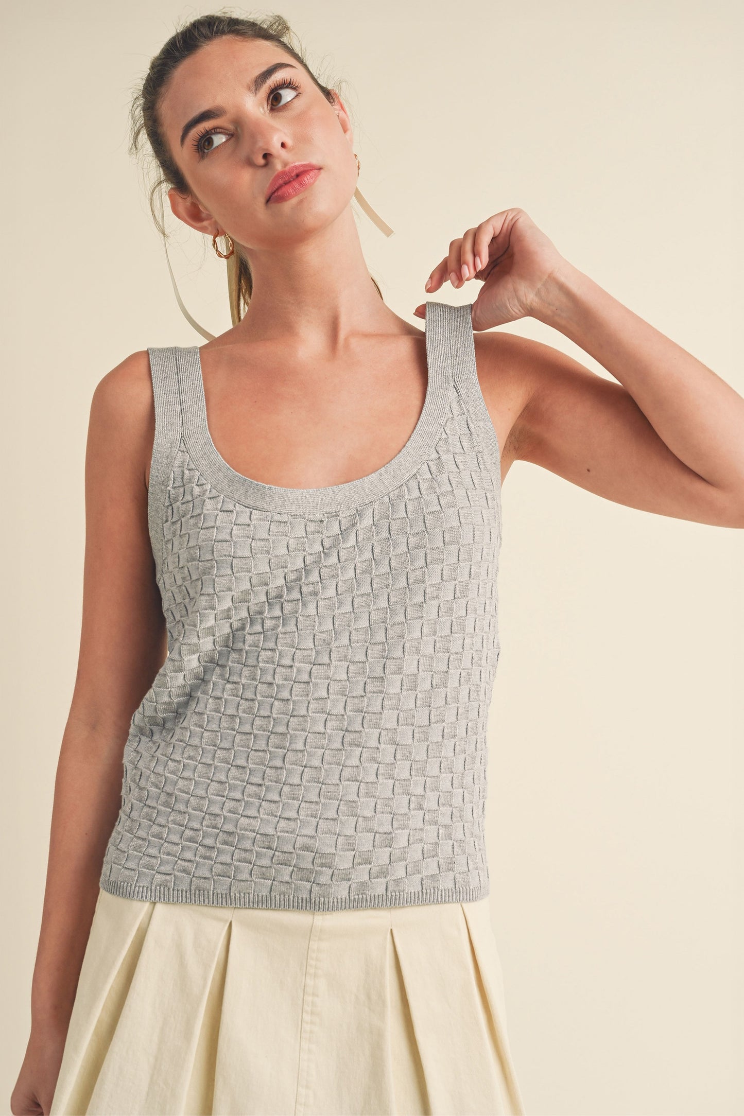 Woven Checkered Top - Gray or Pearl