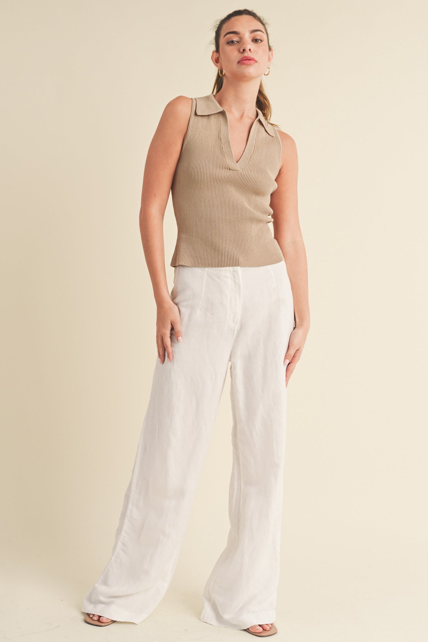 V-Neck Collared Sleeveless Top - White or Taupe