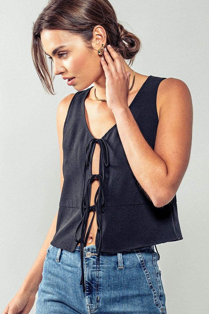 Cascade Tie Front Vest Top - Black