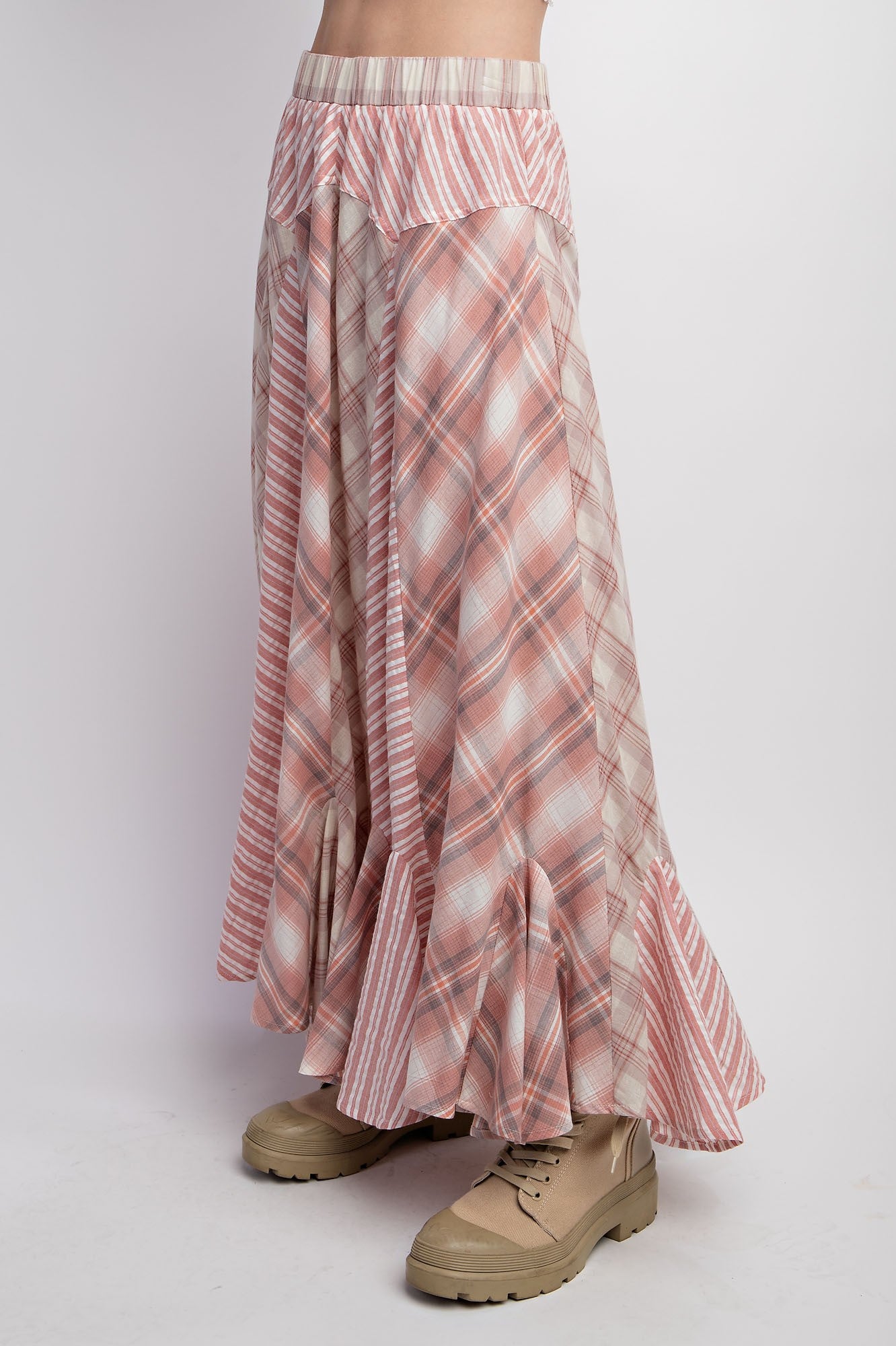 Stripe & Plaid Maxi Skirt - Rose