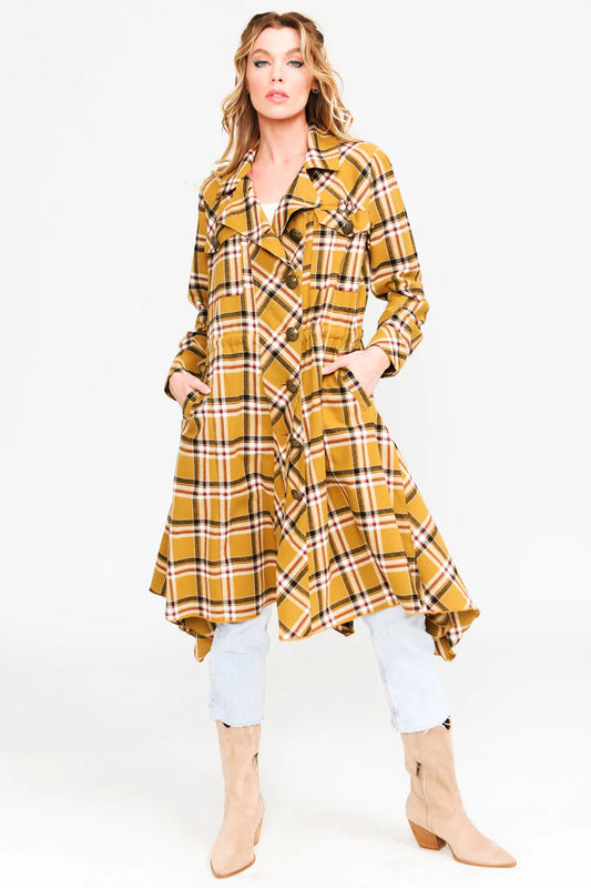 Plaid Trench Coat - Mustard