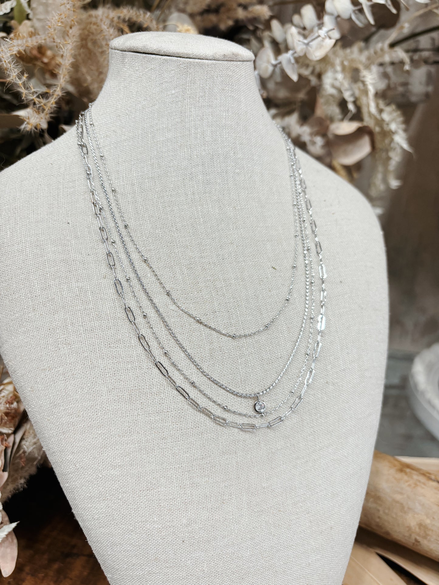 Mixed Chain Layered Necklace W/ CZ Rhinestone