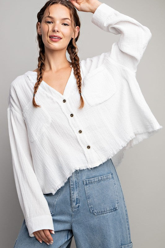 Cotton Gauze Button-Down Top - White or Black