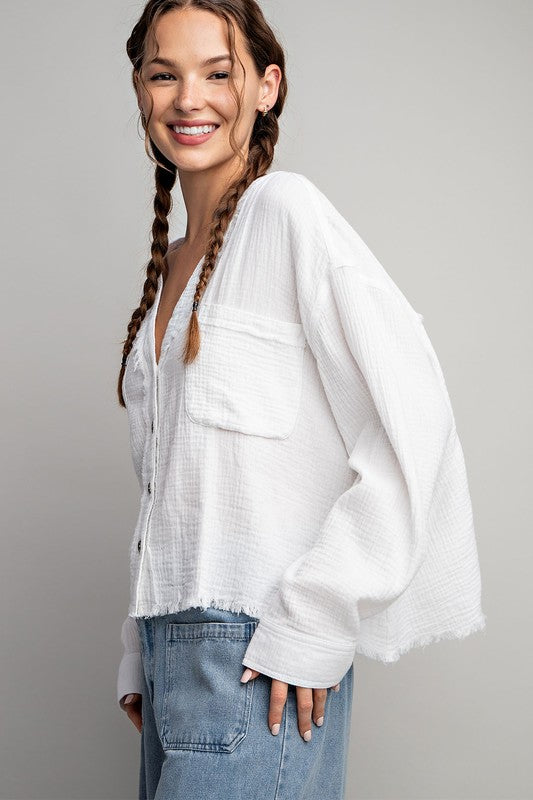 Cotton Gauze Button-Down Top - White or Black