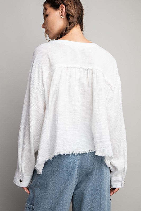 Cotton Gauze Button-Down Top - White or Black