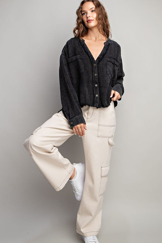 Cotton Gauze Button-Down Top - White or Black