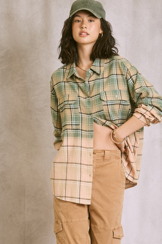 Two Tone Plaid Shirt - Jade/Peach or Gray/Mustard