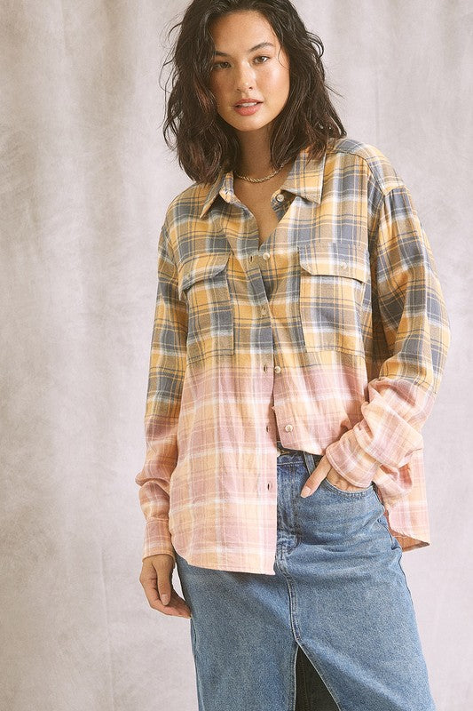 Two Tone Plaid Shirt - Jade/Peach or Gray/Mustard