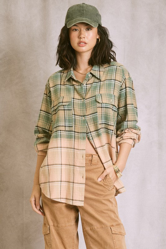 Two Tone Plaid Shirt - Jade/Peach or Gray/Mustard