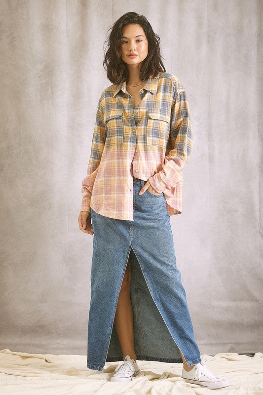 Two Tone Plaid Shirt - Jade/Peach or Gray/Mustard