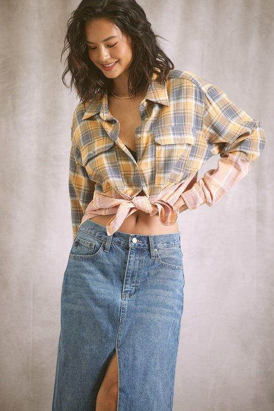 Two Tone Plaid Shirt - Jade/Peach or Gray/Mustard