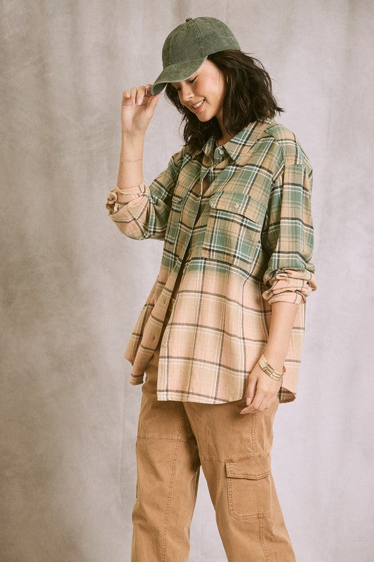 Two Tone Plaid Shirt - Jade/Peach or Gray/Mustard