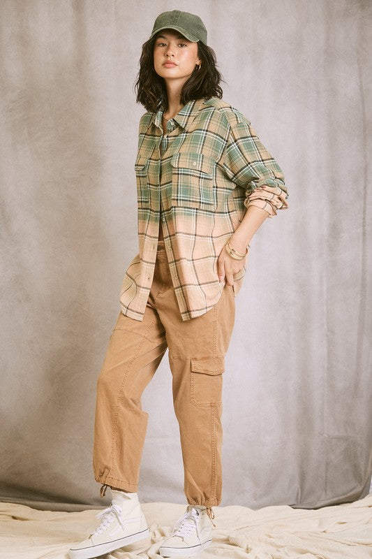 Two Tone Plaid Shirt - Jade/Peach or Gray/Mustard