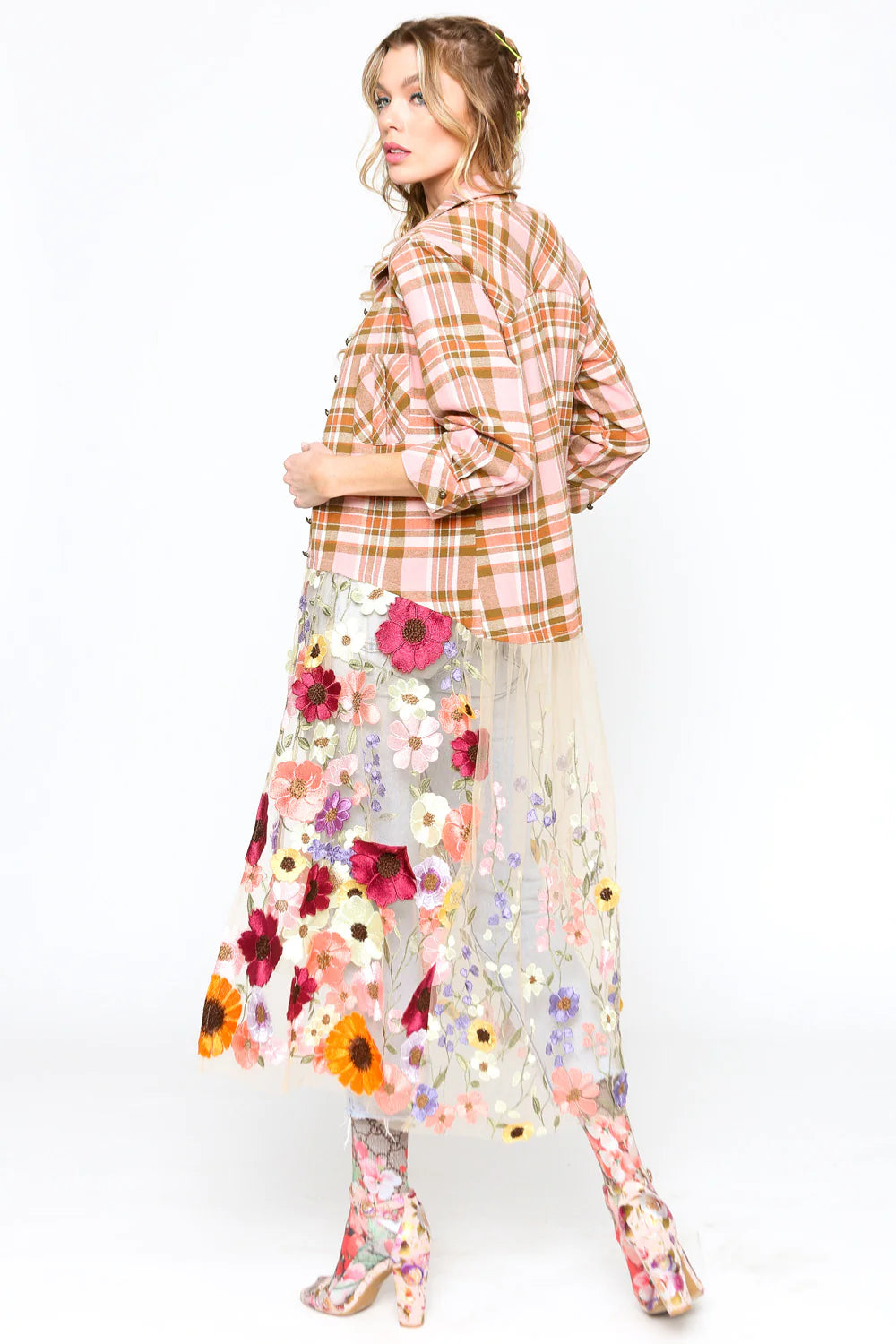 Floral & Plaid Maxi Shirt - Soft Pink