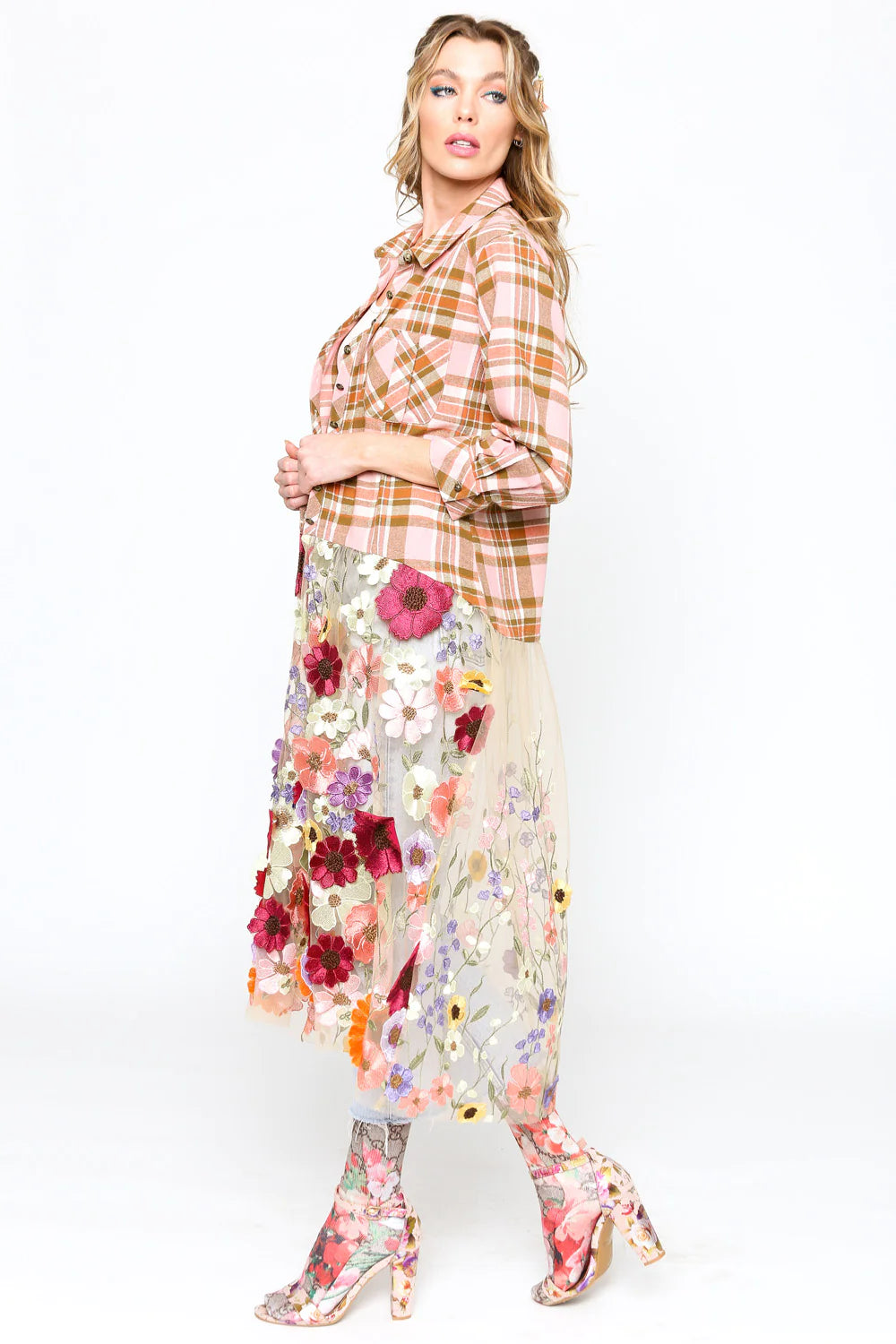 Floral & Plaid Maxi Shirt - Soft Pink