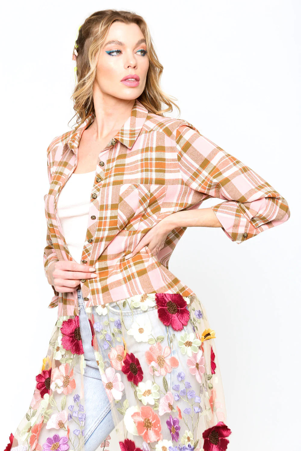 Floral & Plaid Maxi Shirt - Soft Pink