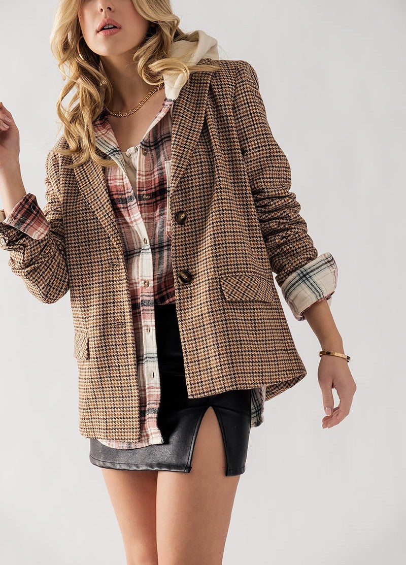 Hannah Houndstooth Blazer - Brown