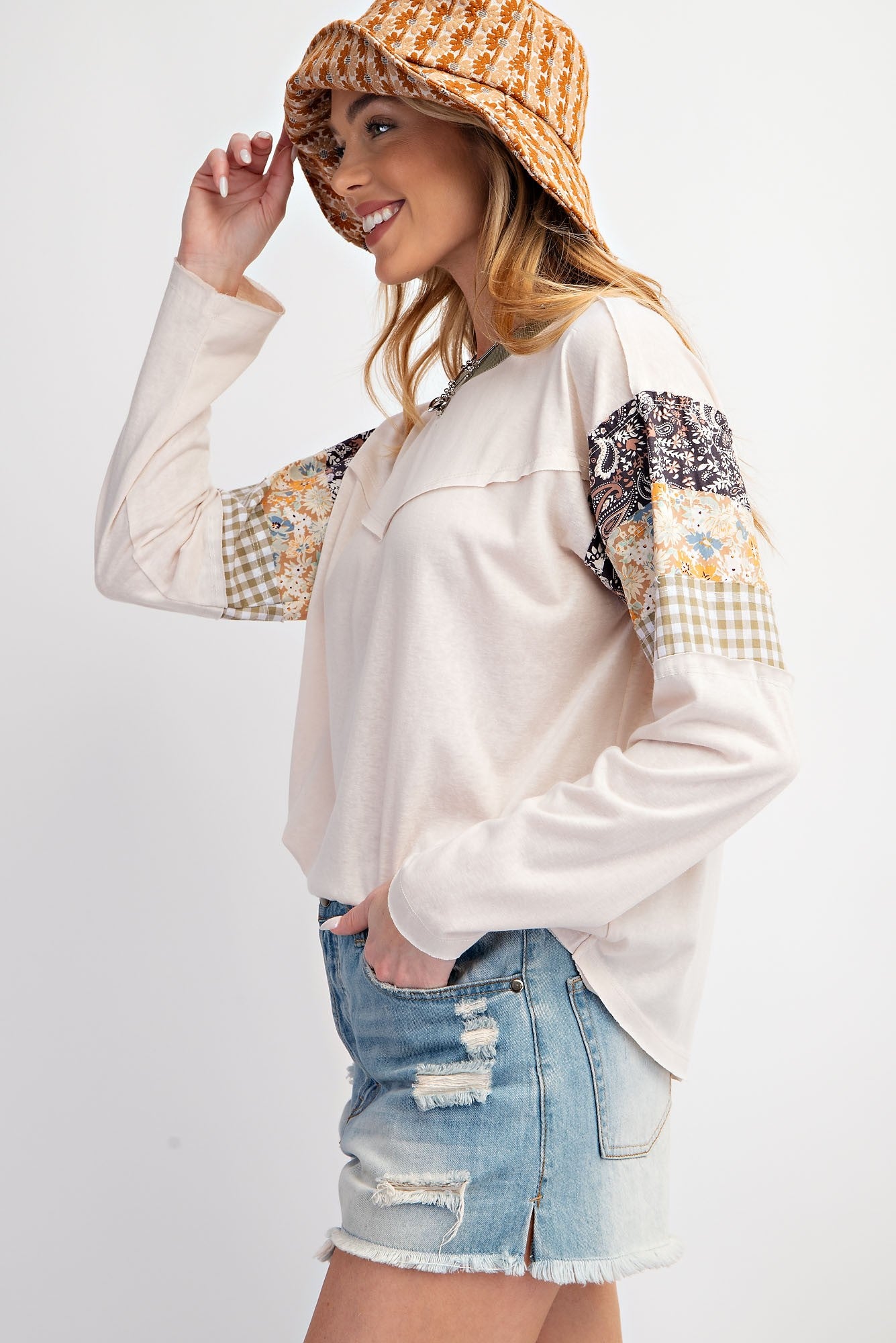 Payton Patchwork Sleeves Top - White or Pumpkin